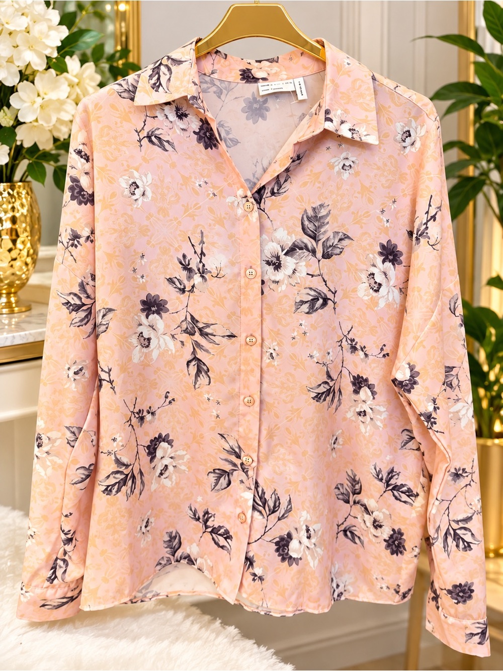 Pleated Floral Button-Down Shirt - Blush Pink